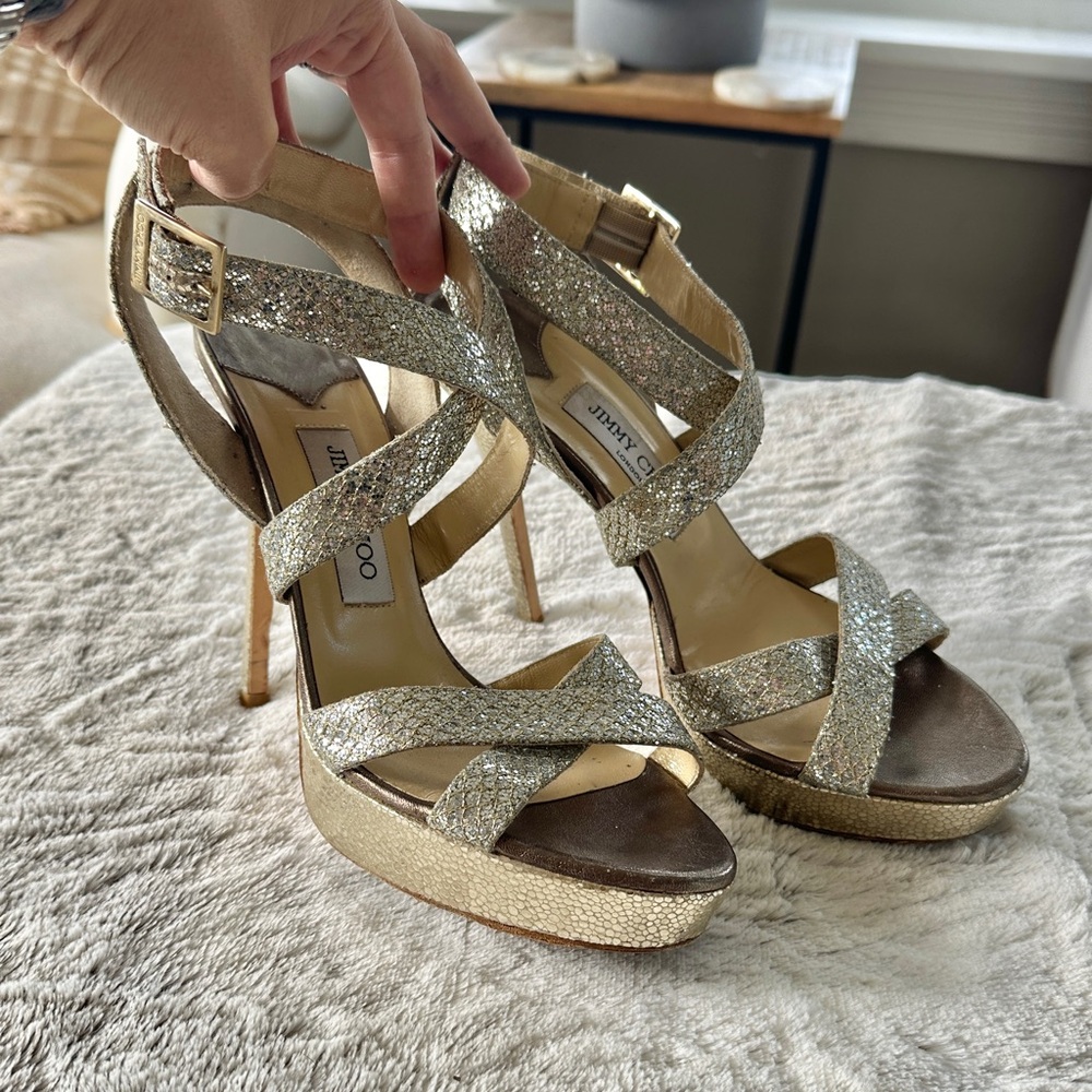 Jimmy Choo Vamp Glitter Silver and Gold Platform Heels Size 39.5 - Picture 7 of 7
